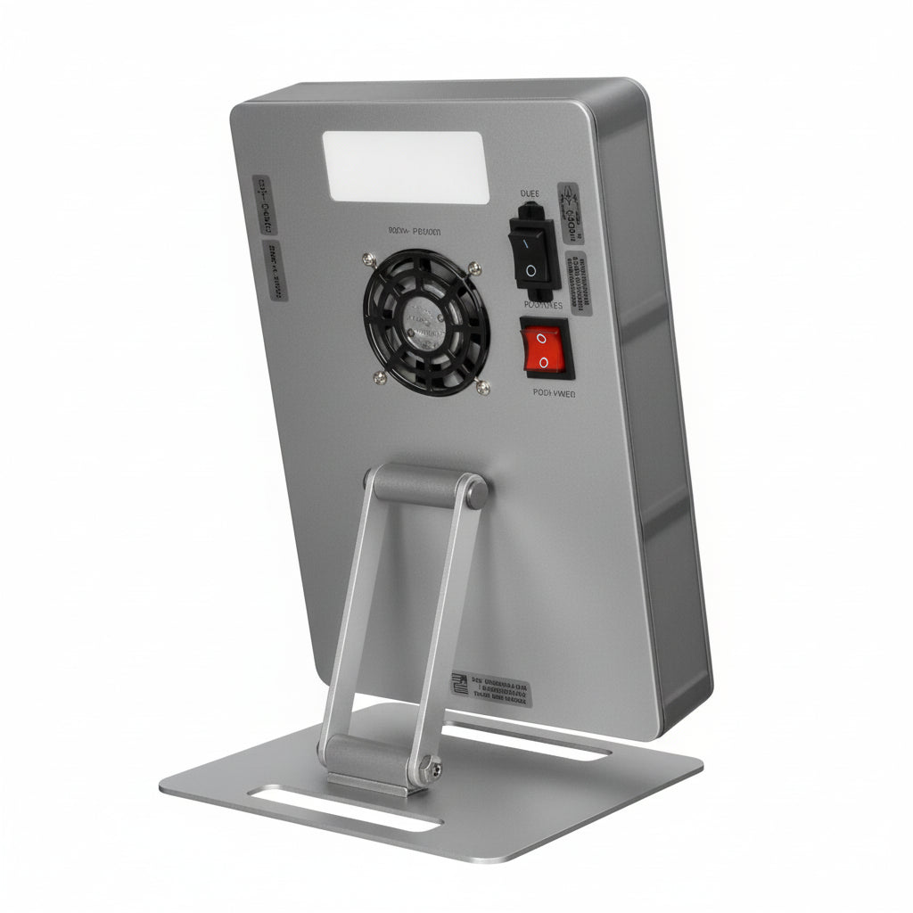 Metallic stand with a digital display and buttons on a white background